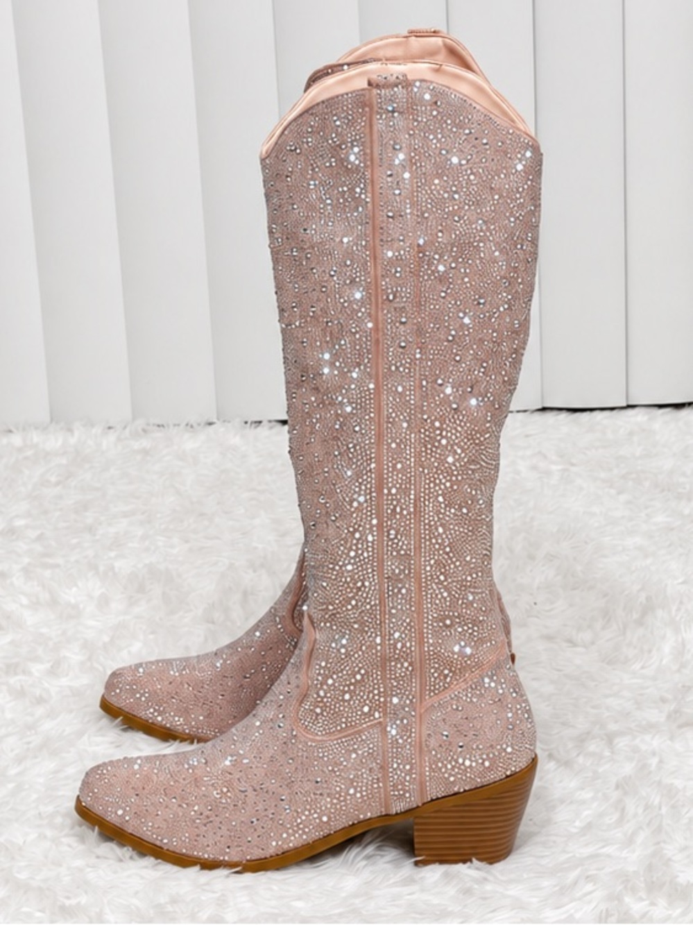 Rhinestone Cowboy Boots Cowgirl Boots Knee High Heeled Side Zip Pink EU41/US 10